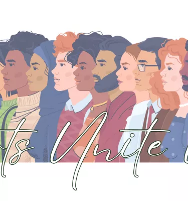 Arts Unite Us event flyer poster featuring a diverse drawing of a group of people with different ethnic backgrounds.