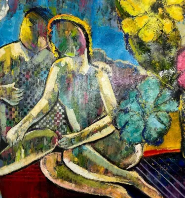 Abstract oil painting of two people leaning on one another and three colorful flowers.