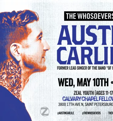 Side profile view of a man's face with neck tattoo's featuring event concert details.
