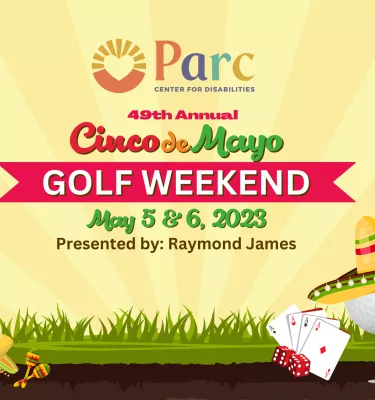 Cinco De Mayo Golf Weekend event flyer poster featuring an acoustic guitar and green grass with a yellow background.