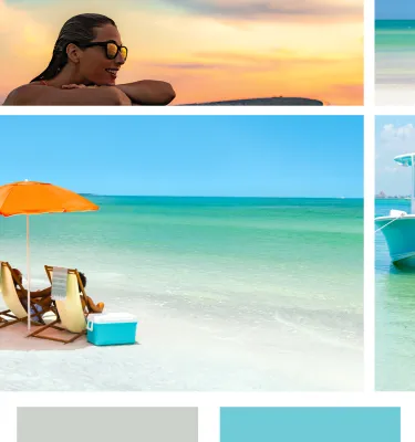 a collage of photos of St. Pete/Clearwater that includes people on paddleboards and on the beach, as well as few photos of the sunset.