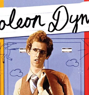Napoleon Dynamite live event poster featuring a man standing in front of a drawing of colorful school lockers.