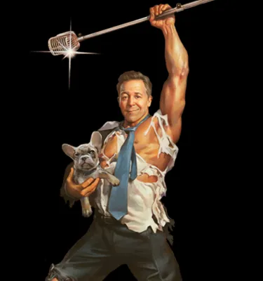 Cartoon man holding up a microphone stand and holding a french bulldog in his arm.