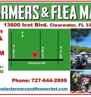 Farmers & Flea Market event flyer poster featuring photos of market, a map and event details.