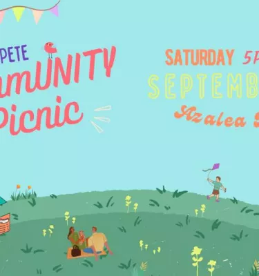 West St. Pete Community Picnic event flyer poster featuring a drawing of a lawn featuring a parked van.