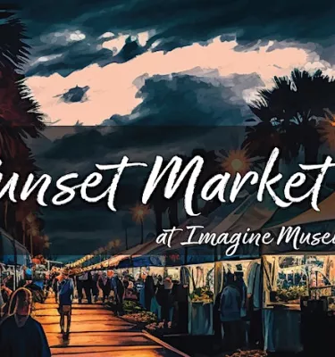 Sunset Market event flyer poster featuring people walking outside by white tents during sunset.