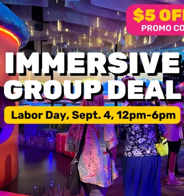 Immersive Group Deal Fairgrounds labor day event flyer poster featuring a group of people standing in a neon art room.