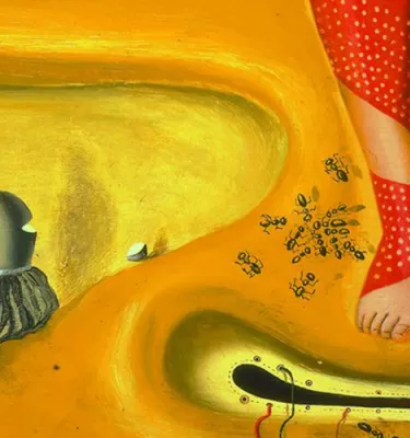 Abstract painting featuring an orange background featuring a pair of feet with red ribbons around the ankles.