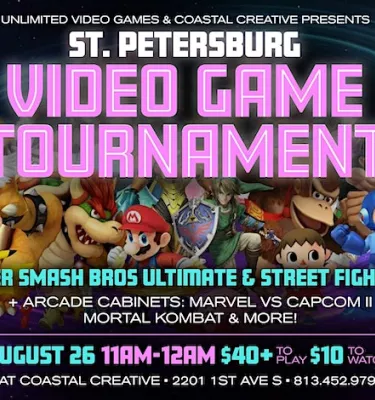 St. Petersburg Video Game Tournament event flyer poster featuring multiple video game characters in outer space.
