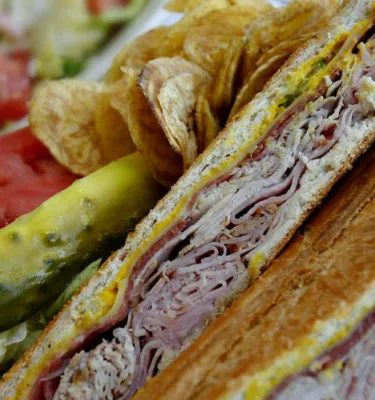 Zoomed-in photo of a cuban sandwich on a white plate.