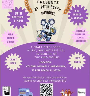 St. Pete Beach Jamboree event flyer poster featuring a cartoon blue mouse and event details.
