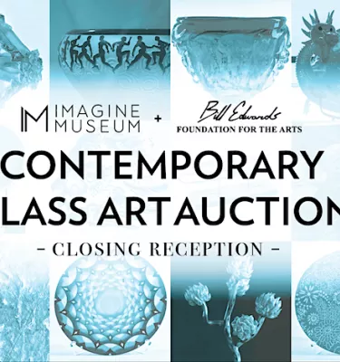 Imagine Museum Contemporary Glass Art Auction event flyer poster featuring a blue collage of different glass art works.
