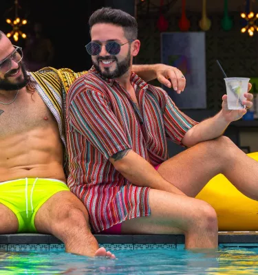 Couple at pool with duck