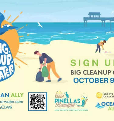 Event flyer poster of people on the beach cleaning up trash.