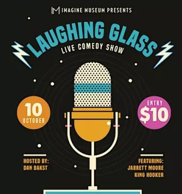 Imagine Museum presents "Laughing Glass" live comedy show featuring a microphone and event details.
