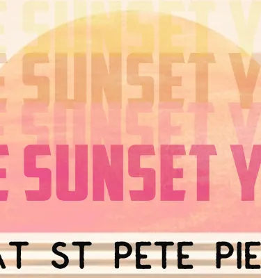 Free Sunset Yoga at the St. Pete Pier event flyer poster featuring a yellow and pink sunset drawing.