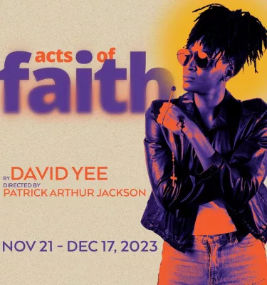 A promo photo of an upcoming play featuring a young man with dreads holding a lollipop wearing sunglasses.