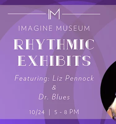 Rhythmic Exhibits purple event flyer poster featuring a male and female musician duo photo and event details.