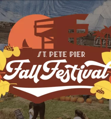 St. Pete Pier Fall Festival event flyer poster featuring cartoon yellow and orange leaves with a pumpkin patch background.