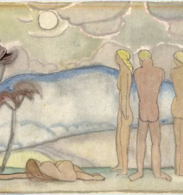 Abstract drawing of naked humans on a beach.