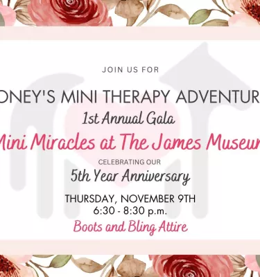 Honey's Mini Therapy Adventures event flyer poster featuring a mini horse.