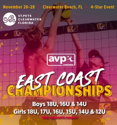 East Coast Championships event flyer poster featuring two people playing volleyball on the beach.