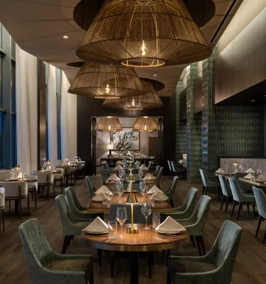 Inside the JW Marriott hotel showing the elegant and modern dining area.