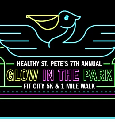Glow in the Park event flyer poster featuring a blue neon shape of a bird and event details.