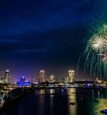 Evening fireworks display on the water in downtown St. Pete.
