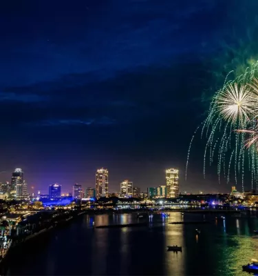 Evening fireworks display on the water in downtown St. Pete.