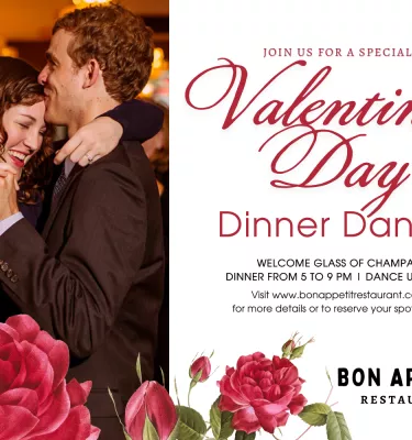 Valentine's Day Dinner Dance event flyer poster featuring a couple dancing and red roses.