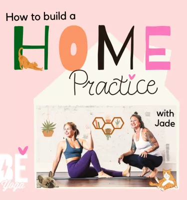 Home Practice yoga class event flyer featuring two female yoga instructors.
