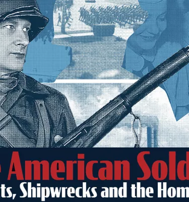 American Solider: Conflicts, Shipwrecks and the Homefront art exhibit poster featuring a young soldier.
