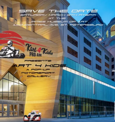 Art 4 Kids event flyer poster featuring event details and an outside evening exterior shot of The James Museum.