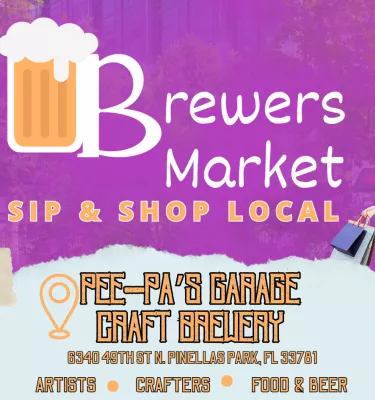 Brewers Market event flyer poster featuring a family of 3 walking with shopping bags in their hands.