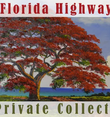 The Florida Highwaymen exhibit at the St. Pete Museum featuring a giant red tree by a lake.