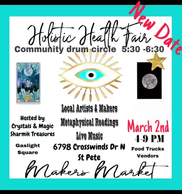 Holistic Health Fair event flyer poster featuring a turquoise border and event details.