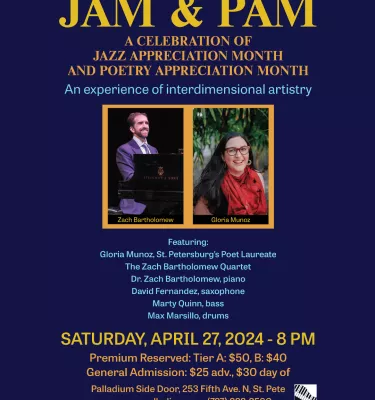 Jam & Pam Celebration of Jazz event flyer poster featuring two artists on stage.