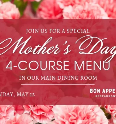 Mother's Day 4-course menu event flyer poster featuring a pink flower background.