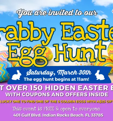 Crabby Easter Egg Hunt event flyer poster featuring cartoon eggs hidden in the sand.