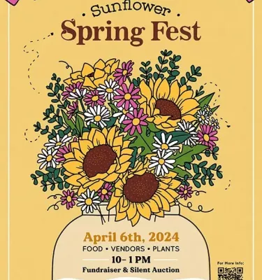 Sunflower Spring Festival 2024 yellow event flyer poster with multiple cartoon flowers.
