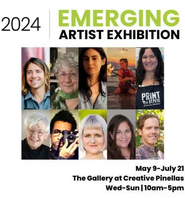 Gallery artist exhibition featuring multiple artist headshots.