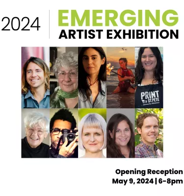 2024 Emerging Artist Exhibition event flyer poster featuring head shots of multiple young artists.