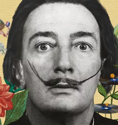 Artist Salvador Dali in front of a yellow floral background setting.