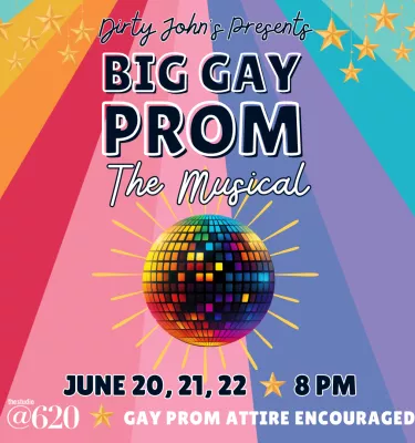 Big Gay Prom The Musical event flyer poster featuring pride colors and a disco ball.
