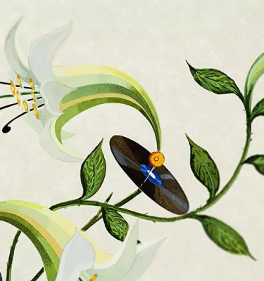 Piano concert at the Dali featuring green leaves and music notes.