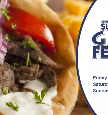 Super Greek St. Pete Festival 2024 event flyer poster featuring greek food.