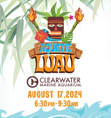 Aquatic Luau at CMA event flyer poster featuring a tiki head and fire torches.