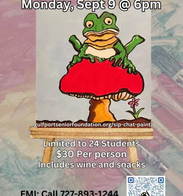 Sip, chat and paint class event flyer poster featuring a painting of a frog on a red mushroom.