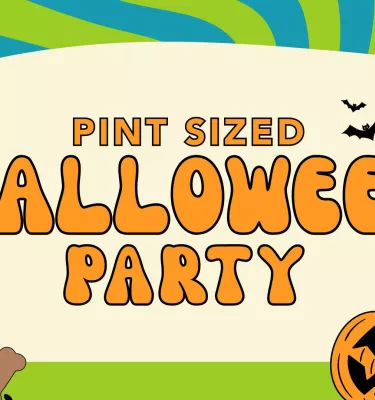 Pint Sized Halloween Party event flyer poster featuring pumpkins and flowers.